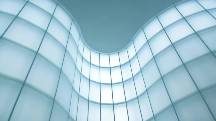 white lines and a blue ceiling with windows