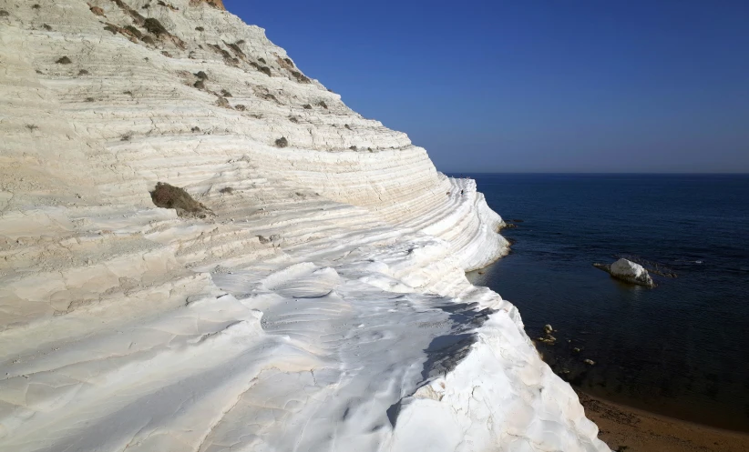 the edge of an eroded area that has some rocks and water below it