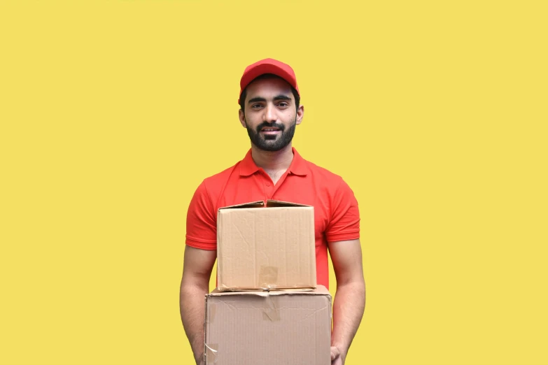 a man standing next to cardboard boxes on a yellow background