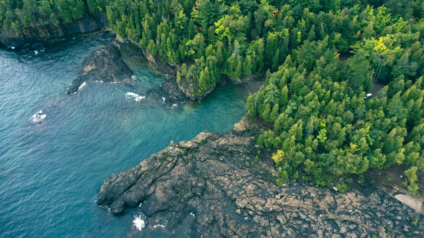 an aerial view of a large body of water surrounded by lush green trees