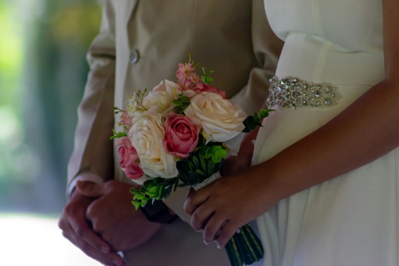 a close up view of a newly married couple