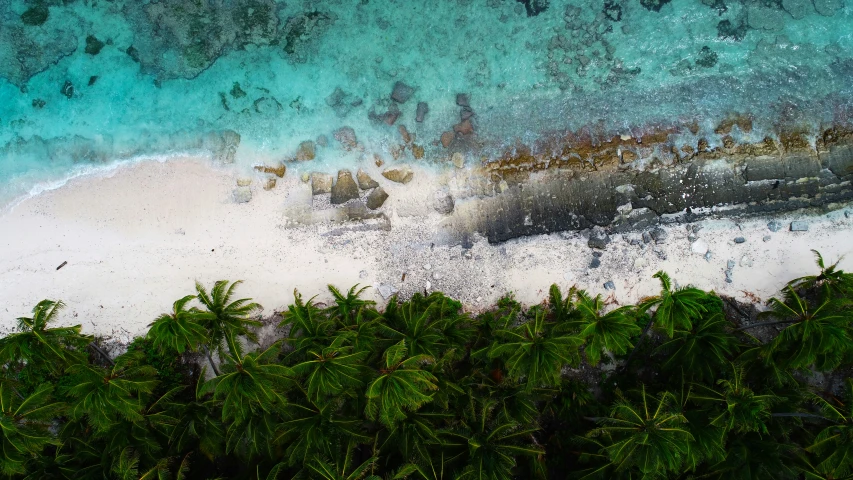 an aerial view of a sandy beach with water near by