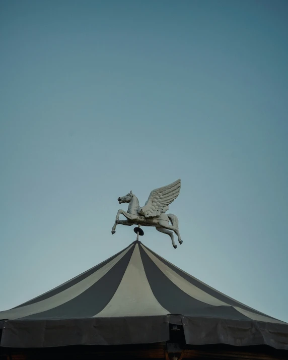 the top of a large canopy that has a white horse on it