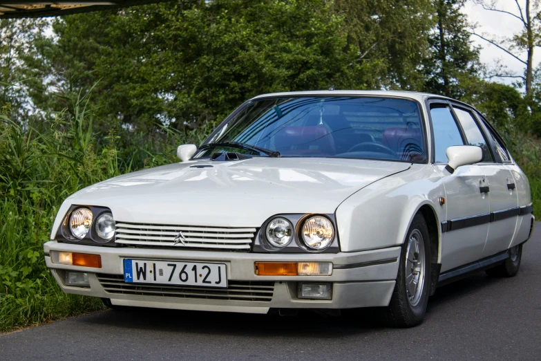 a white car driving down a road near tall grass