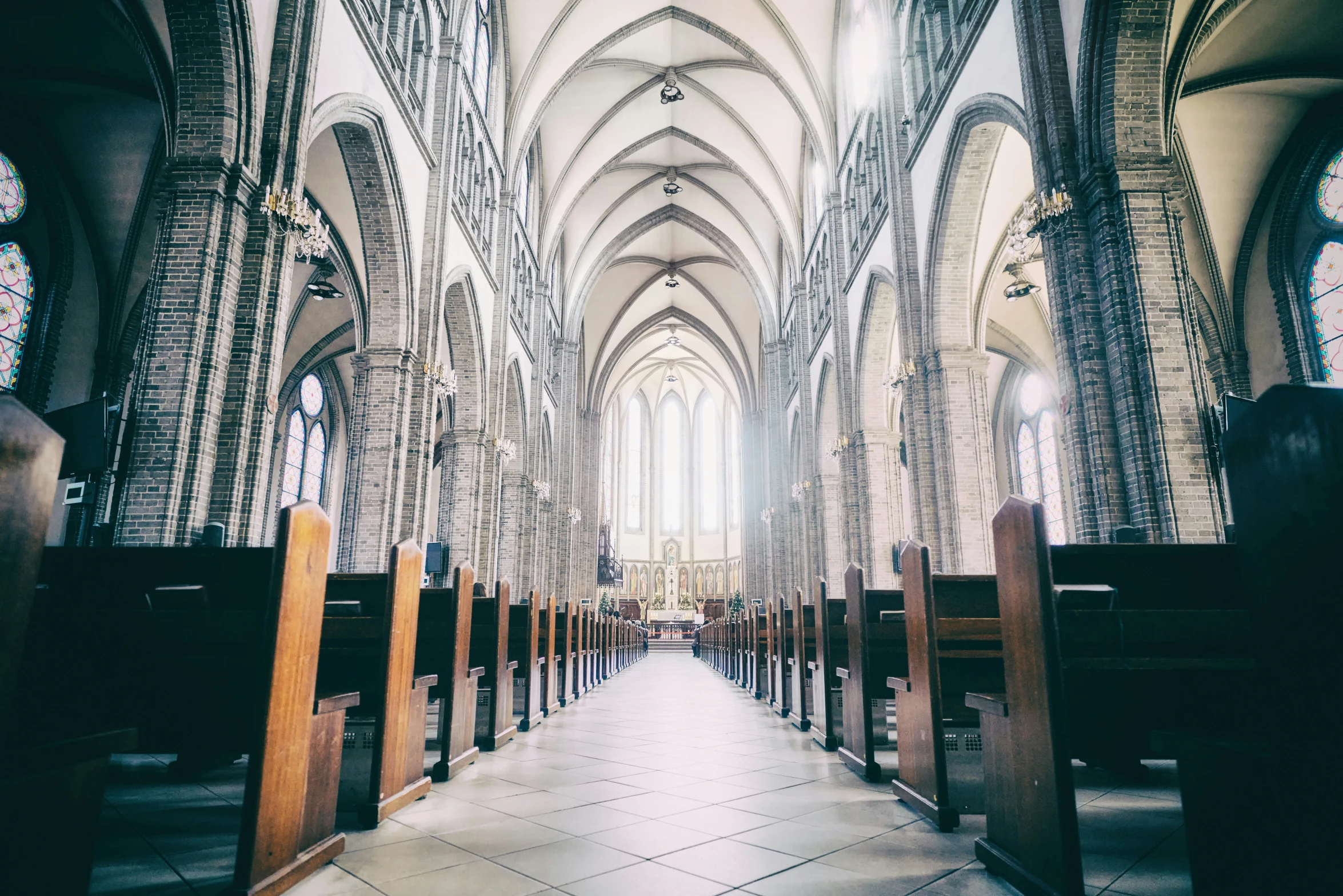 a church with large windows inside of it