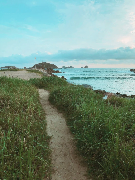 a path going down to the ocean with sea in background