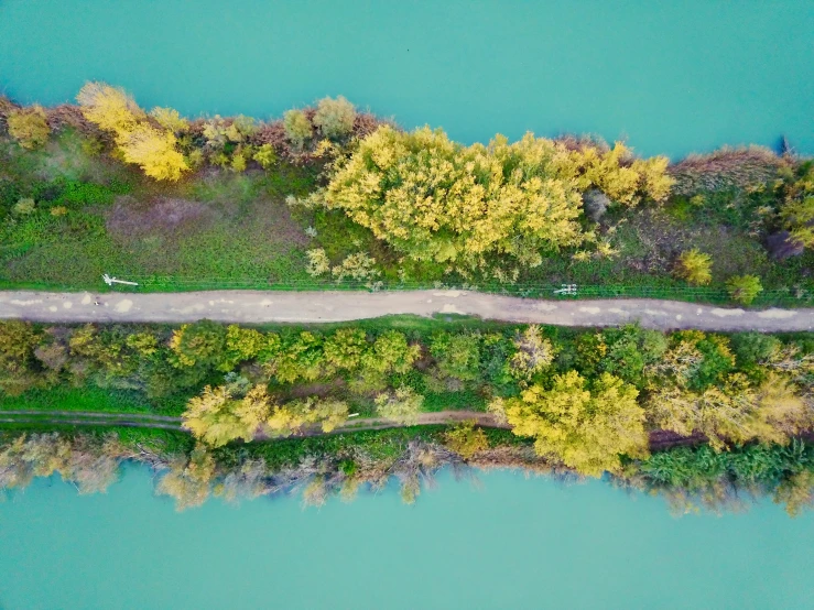 an aerial view of the road running through the countryside near trees