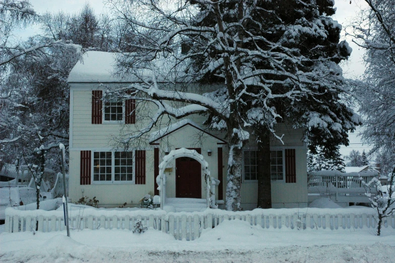this house has snow covered ground and trees