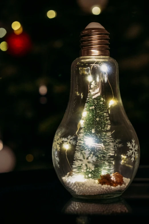 a clear light bulb is covered with christmas lights