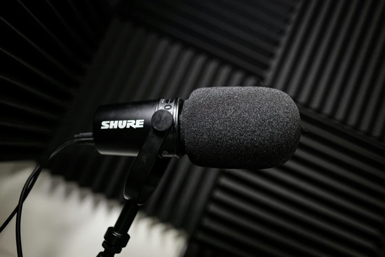 a microphone with a black handle and white s