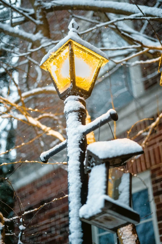 street lamp covered in snow next to a building