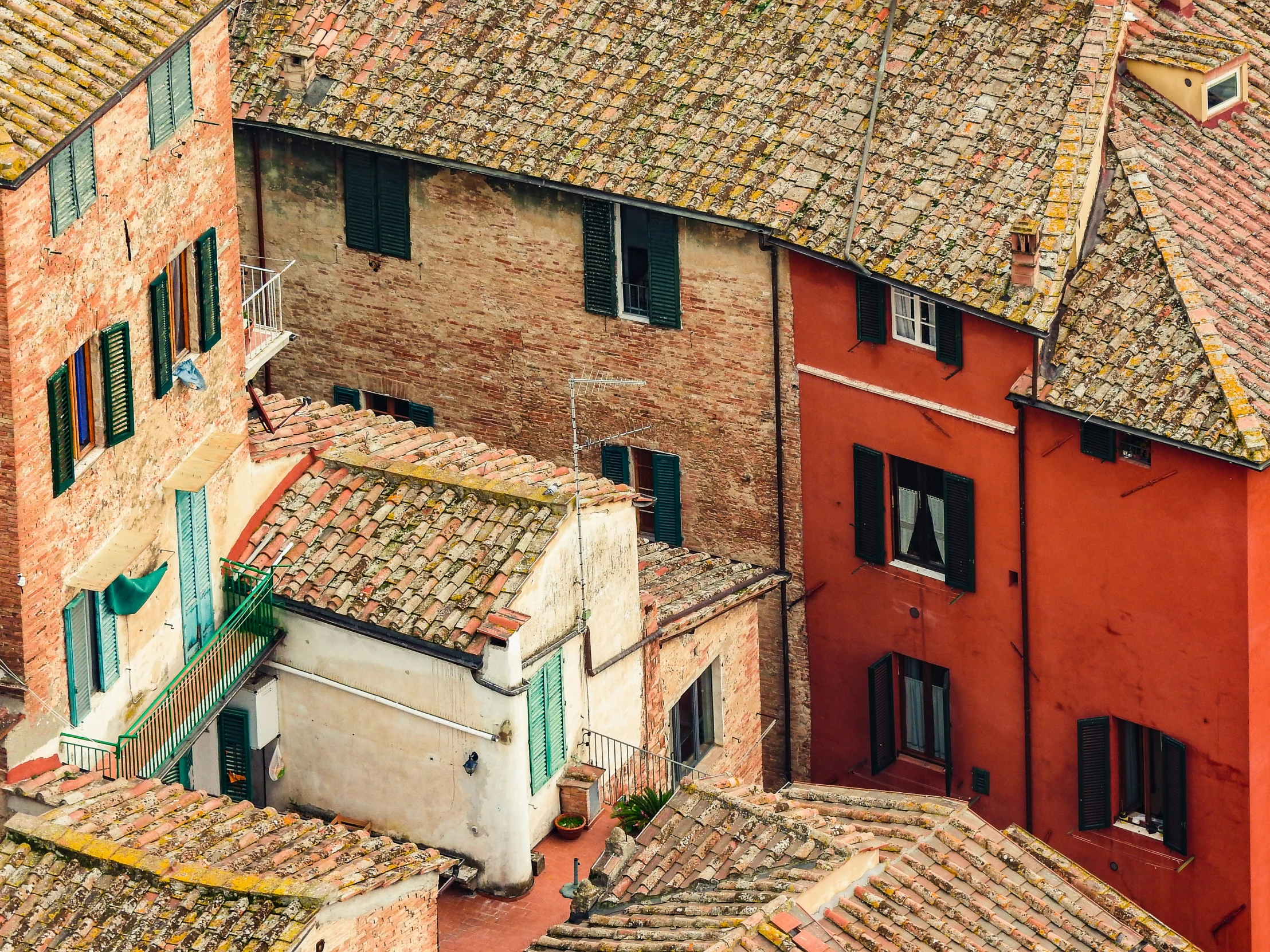 several rooftops and windows line the building with many chimneys