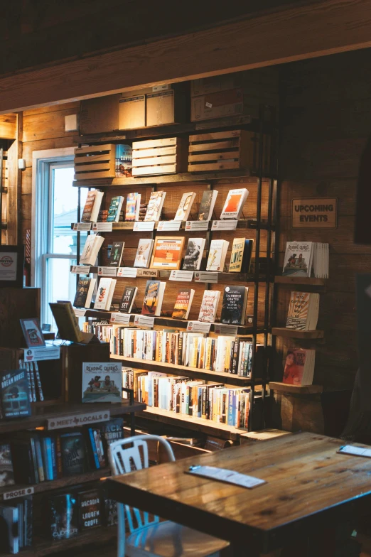 several tables in a store with many bookshelves