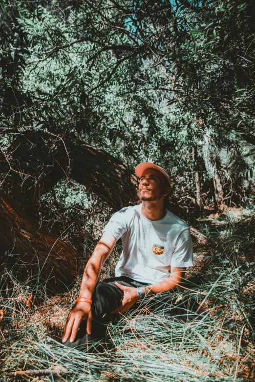 a man wearing glasses and a cap is sitting in the grass