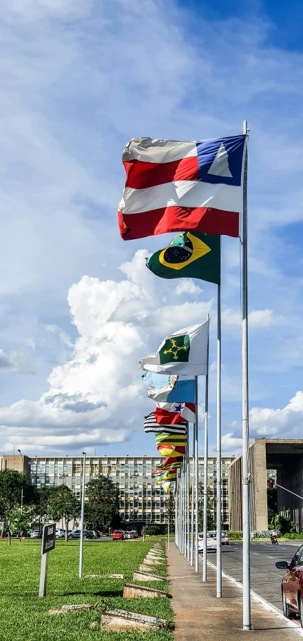 many flags blowing in the wind are in front of a building