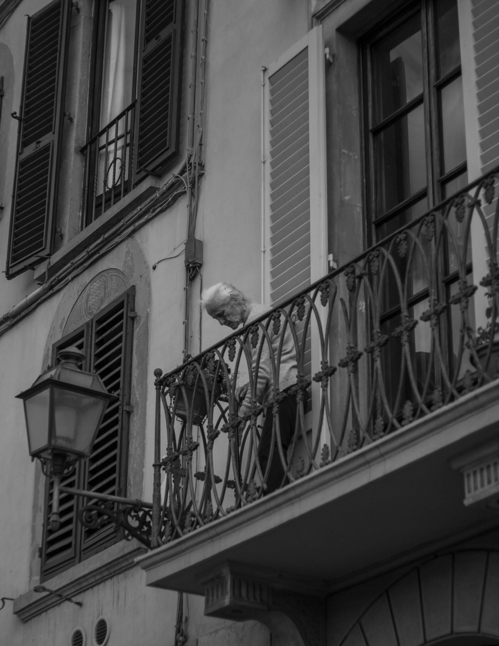 the bird is sitting on the balconies of a building