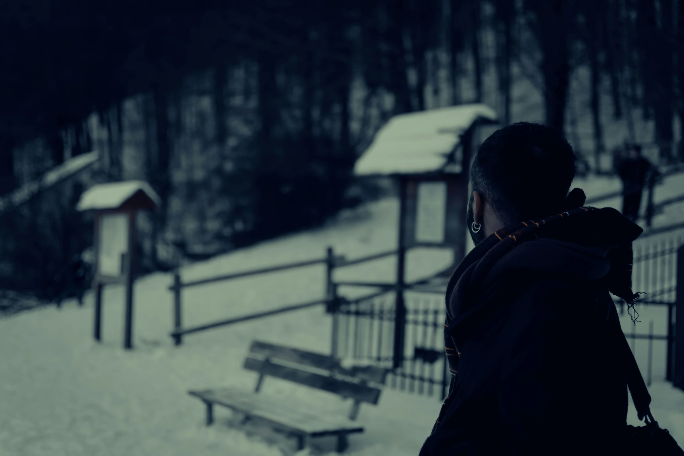 the lady is outside in the snow looking out