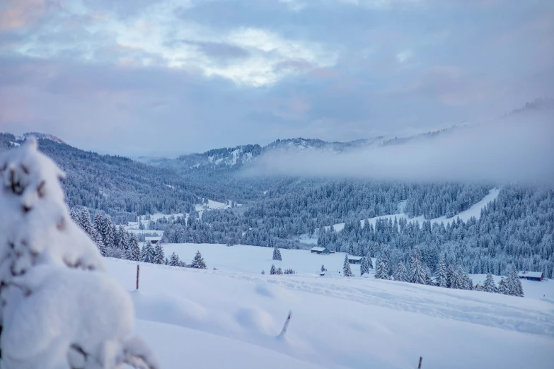 the clouds are covering the snowy mountains