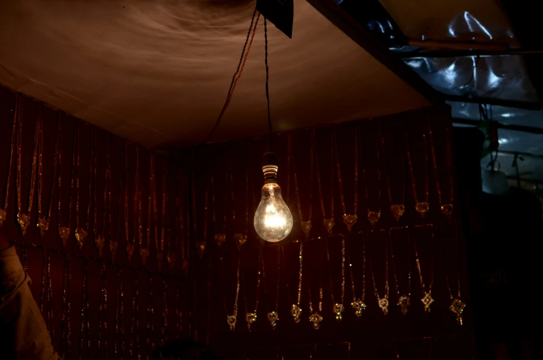 an old fashioned light bulb hanging from a ceiling