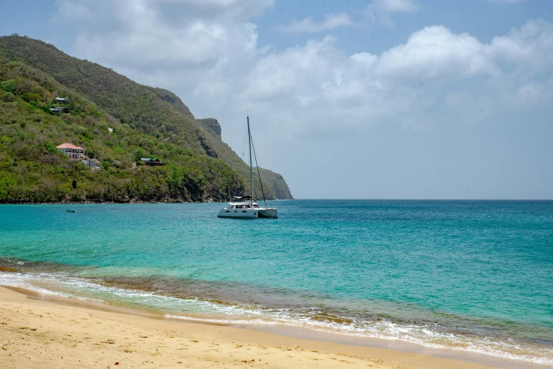 a boat in the ocean near a beach