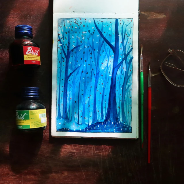 a drawing of trees with blue water