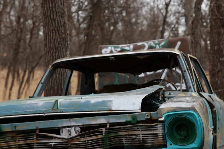 old car with rusted paint sitting in the woods