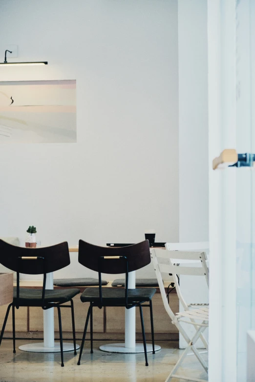 a table with chairs in a white room