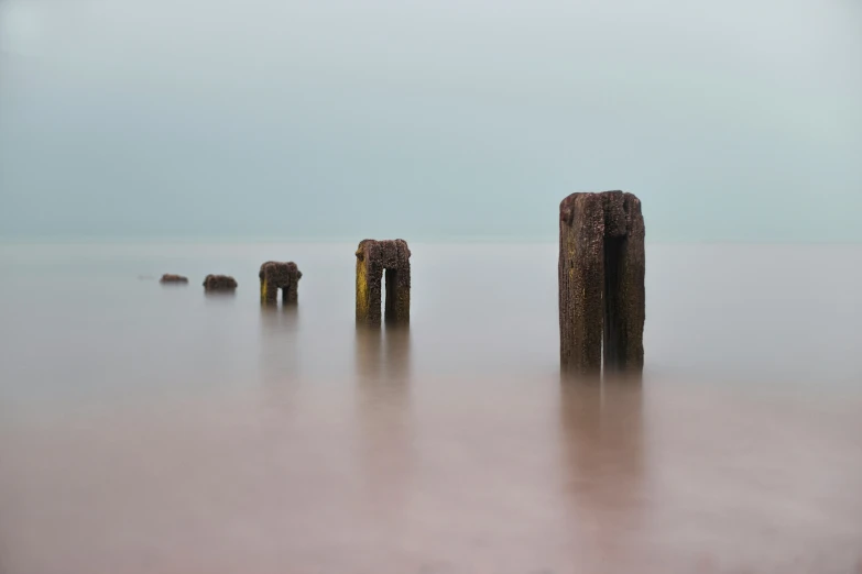 four wood posts sticking out of the sand