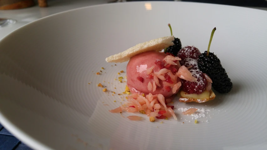 a plate with berries and other fruit pieces on it