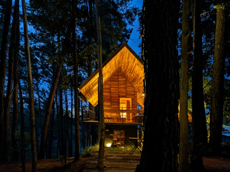 the cabin sits in the middle of a wooded area