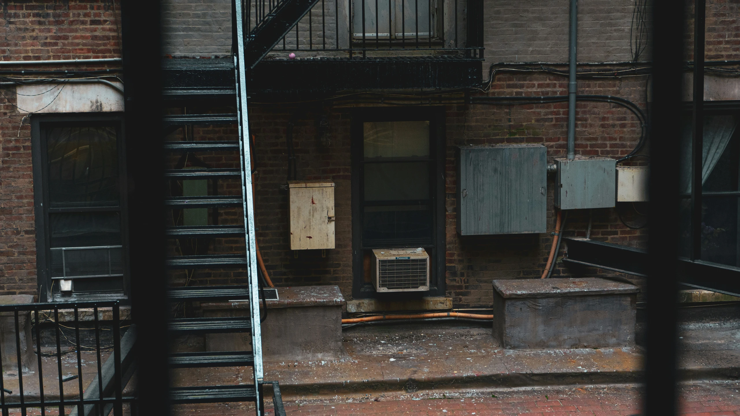 the view out of a window of an old building