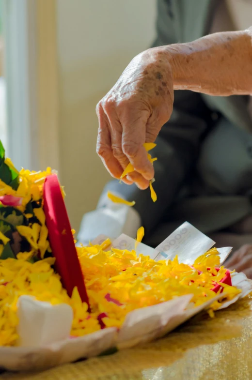 the woman cuts into the yellow flowers as she sits at her side