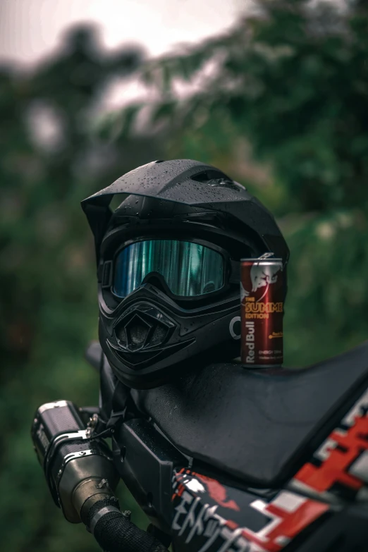 a close up of a motorcycle helmet on a bike