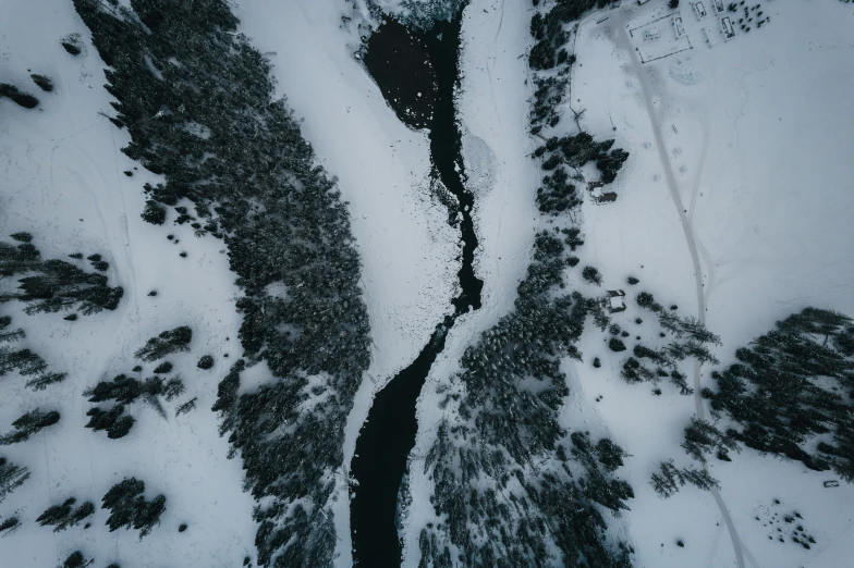 aerial s of snow covered river and road