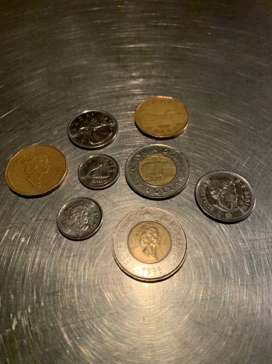 five different types of indian rupee coins on a metal tray