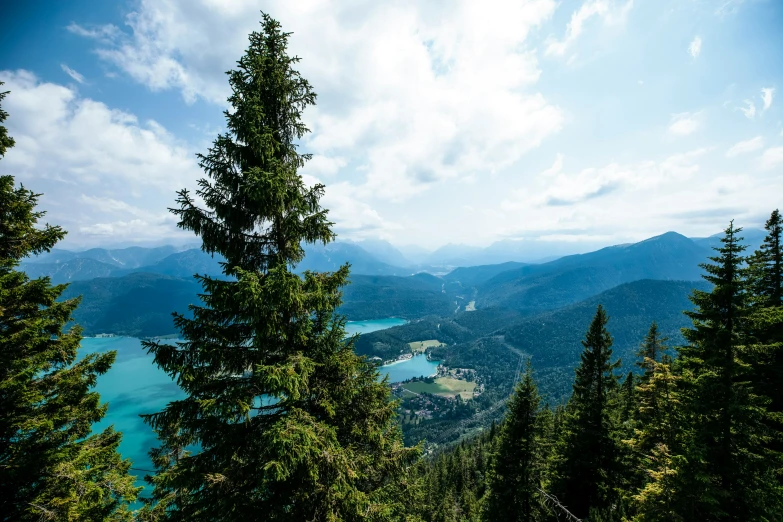 a view over the mountains and a body of water from a hill