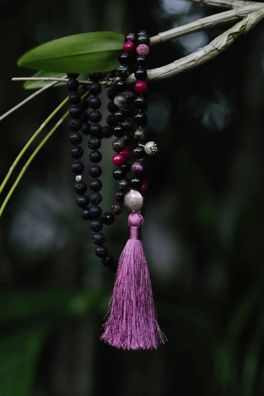 an up close picture of beads hanging from a nch