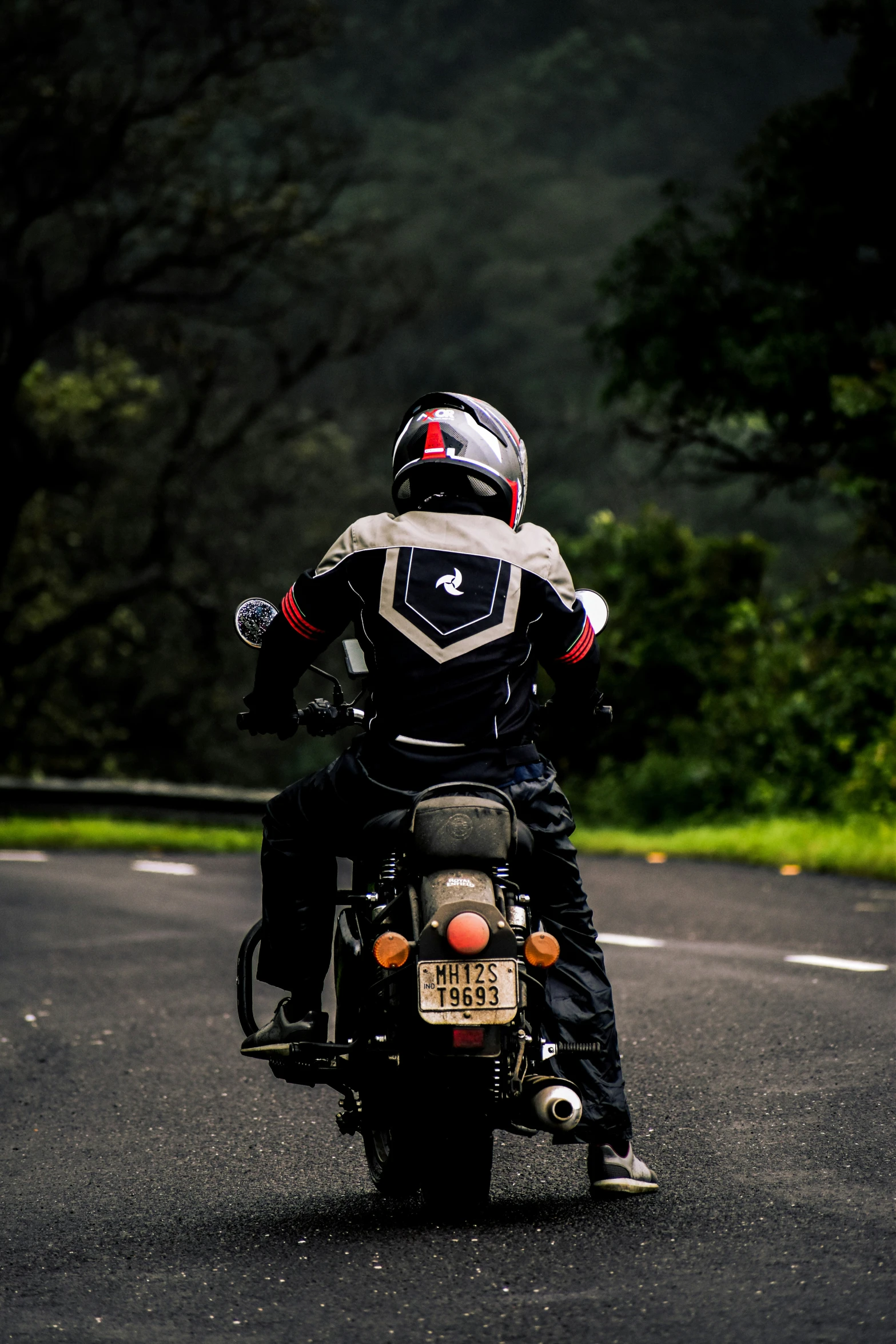 a motorcyclist rides on the road near a forest