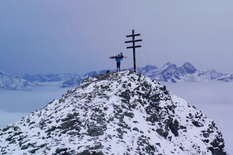 the cross on top of a snow covered hill