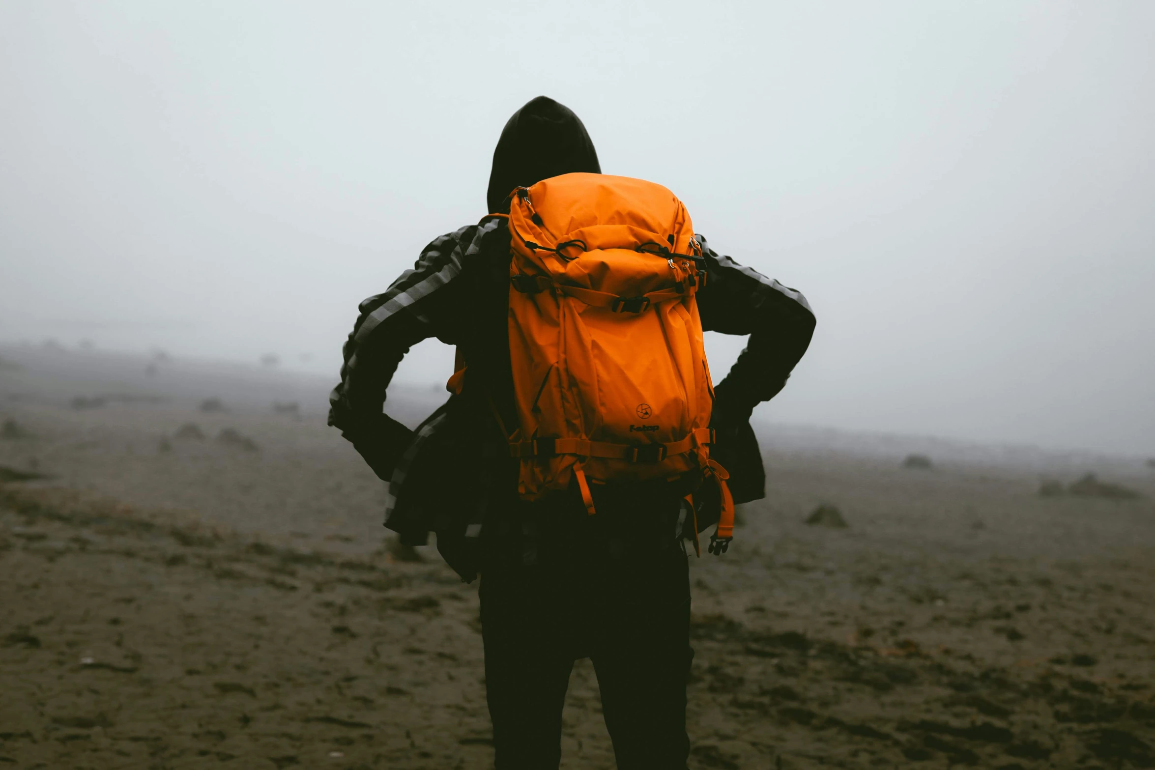 a person wearing an orange backpack in a field