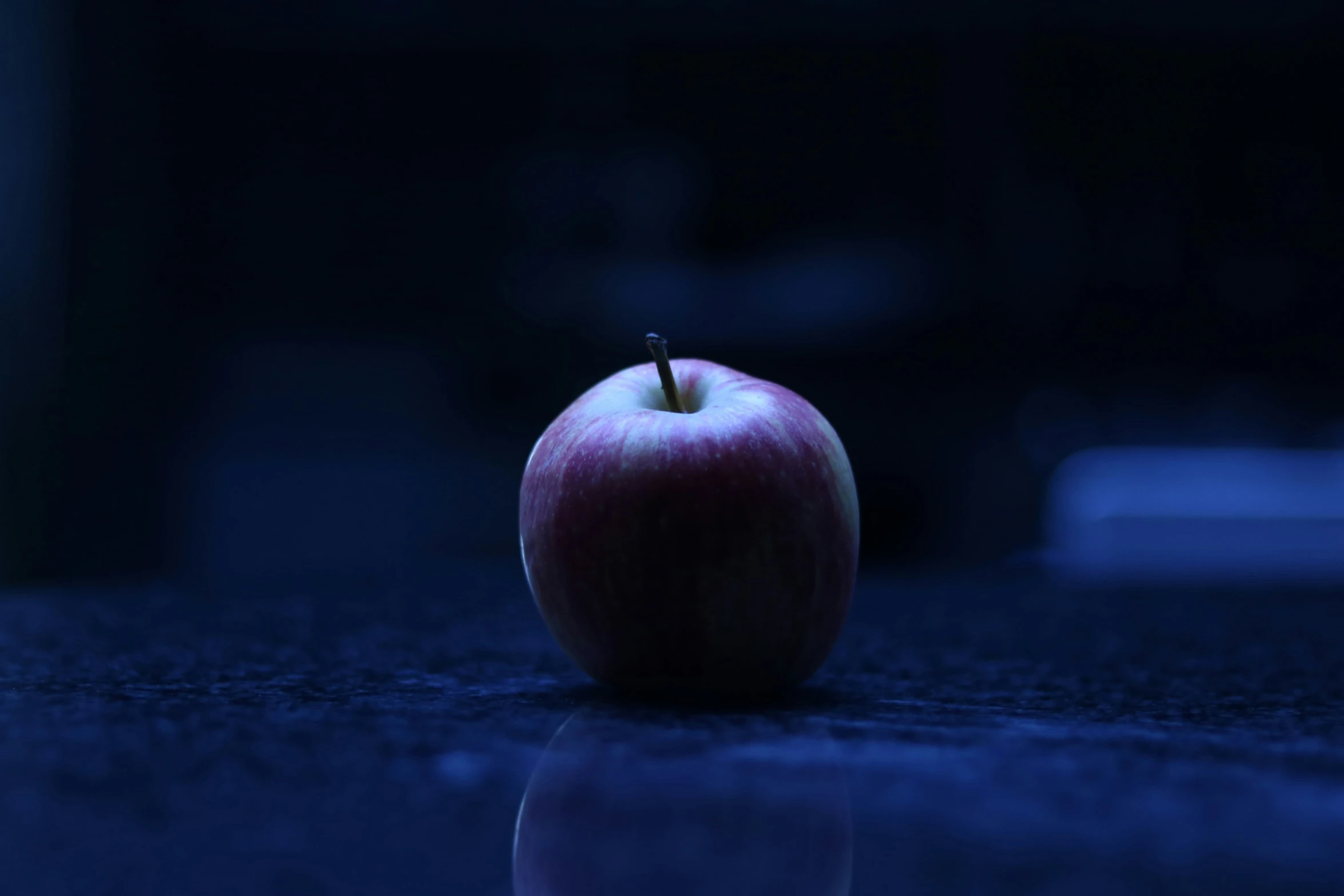 an apple on the ground in a dark room