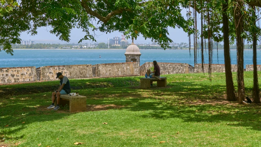 two people sit and admire the view from a park