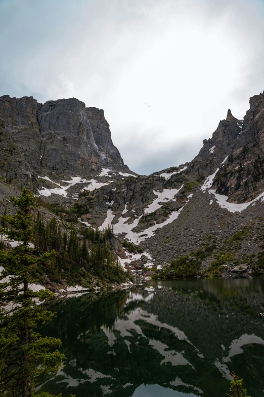 a lake in the middle of mountains with snow on them