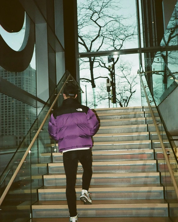 a person in purple jacket standing at the top of some steps