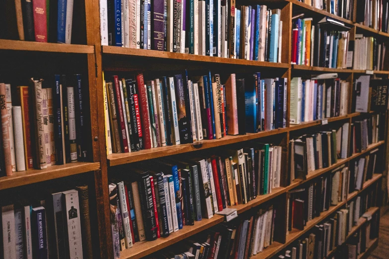 a long bookshelf with several rows of different types of books