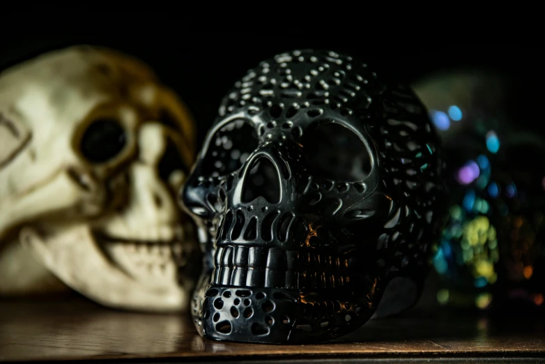 two skull heads sitting on a shelf in front of a window