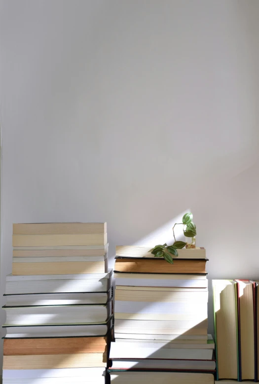 a stack of books on top of each other in front of a white wall