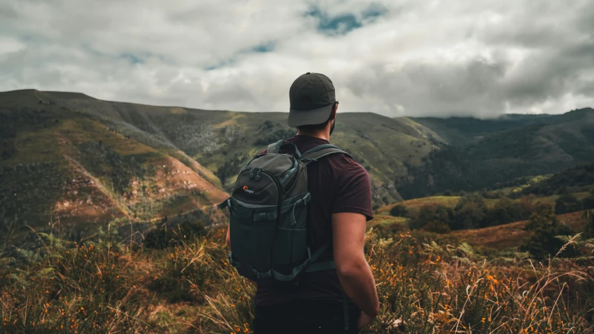 a person with a backpack on looking at mountains and greenery