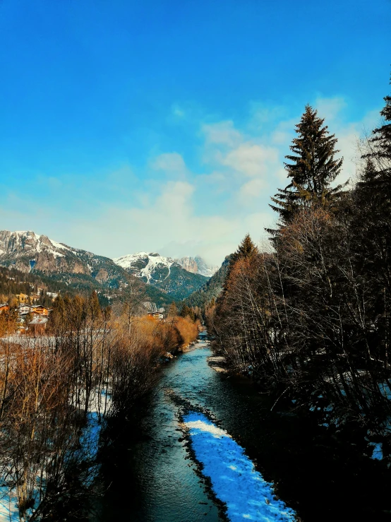 a river in the middle of a snowy forest