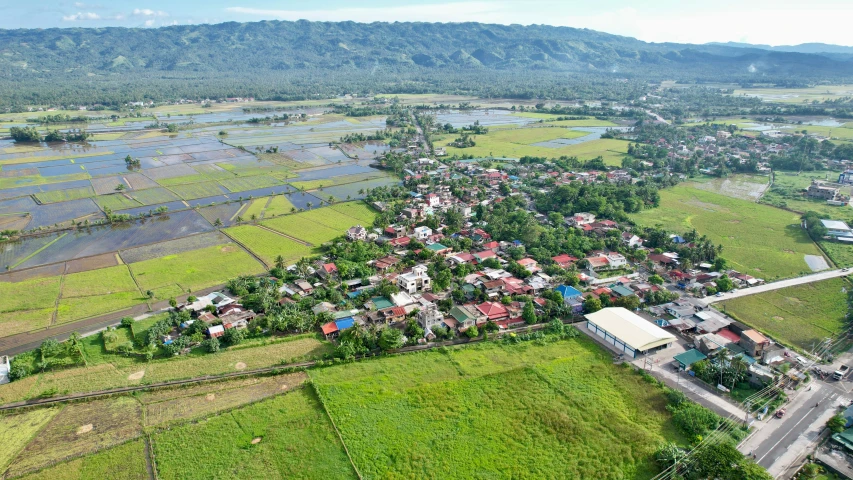 an aerial view of a small village and some green fields